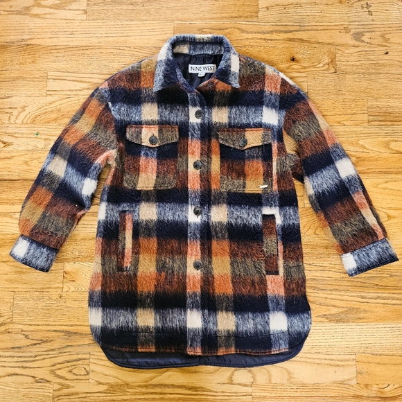Nine West Size L Plaid Shacket Jacket Coat Orange and Blue Fluffy Button Down - Picture 2 of 8